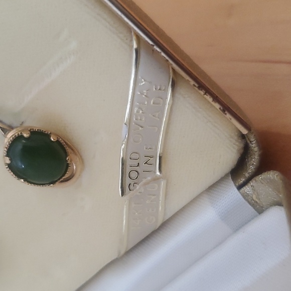 Vintage Amco Jewels Genuine Jade Earring Set 14KT Gold Overlay - Picture 3 of 14